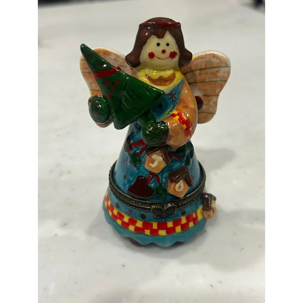 Christmas Angel Hinged Trinket Box Ceramic Hand Painted Holiday Figurine fun